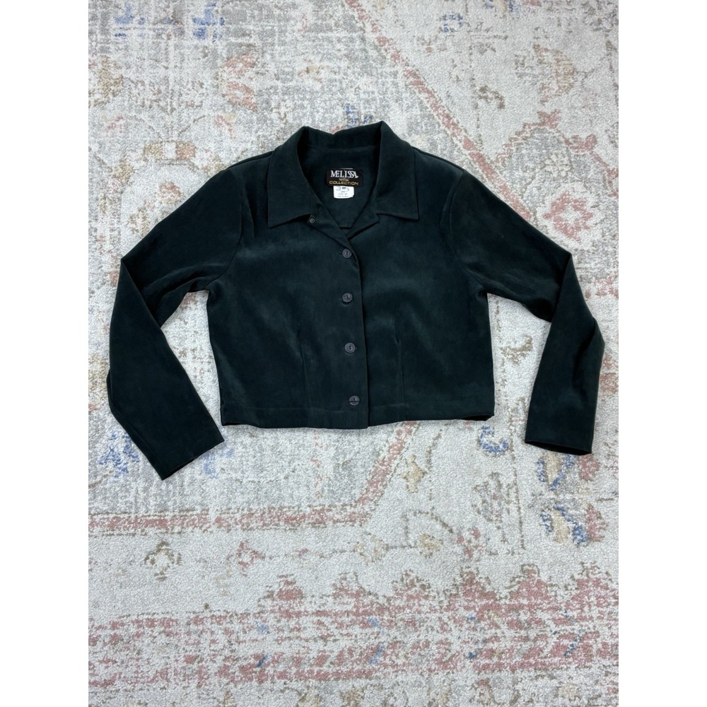90s Whimsigoth Petites Dark Green Cropped Button Front Jacket Sz 8P Velvet Suede